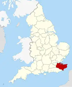 Eine Karte von England mit eingezeichneten Landkreisen. Kent ist in rot markiert.