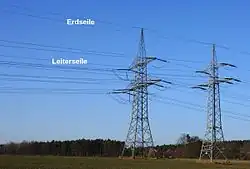 Leiterseile und Erdseile an zwei Freileitungen