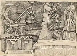 Erich Ess - Absurda comica - 1956 - 24x33cm, Federzeichnung mit starken Schraffuren aus denen mehrere surreale Köpfe und Figuren erscheinen.