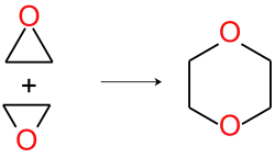Einfaches Reaktionsschema für die Bildung von 1,4-Dioxan aus Ethylenoxid.