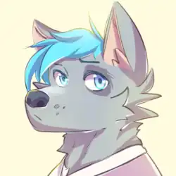 Die digitale Zeichnung zeigt einen anhand der braun-weißen Fellzeichnung und der Form der Ohren als Fuchs erkennbaren Tierkopf mit comicartig vergrößerten Augen und Ohren sowie einem blonden Haarschopf.