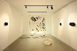 Tranformationen. Installation with Swen Kählert. Historische Zehntscheune Stadthagen, Germany, 2022. Mixed Media on Tarp,Wood, Painting-objects, Lights.