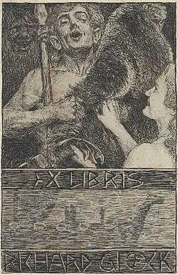 Exlibris für Richard Gloeck von Bruno Héroux: Wikingerpaar mit erbeutetem Bärenfell