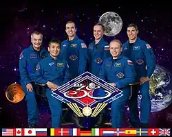 v. l. n. r.: Michail Tjurin, Kōichi Wakata, Richard Mastracchio, Sergei Rjazanski, Oleg Kotow und Michael Hopkins