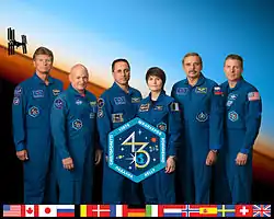 v. l. n. r.: Gennadi Padalka, Scott Kelly, Anton Schkaplerow, Samantha Cristoforetti, Michail Kornijenko und Terry Virts