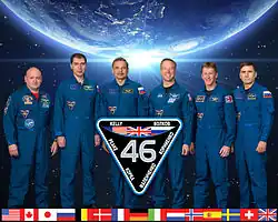 v. l. n. r.: Scott Kelly, Sergei Wolkow, Michail Kornijenko, Timothy Kopra, Timothy Peake und Juri Malentschenko