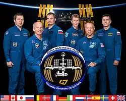 v. l. n. r.: Oleg Skripotschka, Jeffrey Williams, Alexei Owtschinin, Timothy Peake, Timothy Kopra und Juri Malentschenko