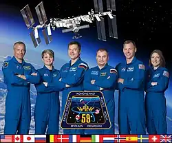 v. l. n. r.: David Saint-Jacques, Anne McClain, Oleg Kononenko, Alexei Owtschinin, Nick Hague und Christina Koch