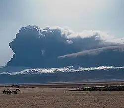 Eruptionssäule des explosiven Ausbruchs im Eyjafjallajökull (April 2010)
