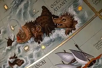 Fabelwesen aus dem Meer in den Landkarten der Replika des St. Galler Globus