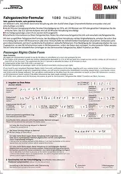 Fahrgastrechte-Formular, Seite 1 und 2. Der Zugbegleiter hat eine Verspätung ≥ 60 Min durch Zangenabdruck bescheinigt