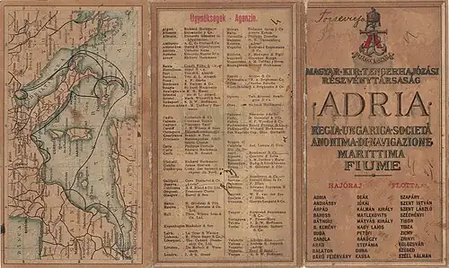 Fahrplan der „Adria AG“ von ca. 1900 mit der Abb. der SS Carola auf der Rückseite und der Angabe von insgesamt 33 eingesetzten Schiffen (282 × 169 mm, Druck: Stabilimento tipo-litografico Emidio Mohovich in Fiume[15])