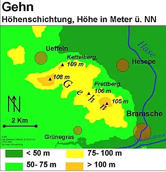 Die höchsten Gipfel des Gehns sind über 100 m hoch