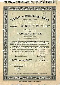 Aktie der Farbwerke vorm. Meister Lucius & Brüning über 1000 Mark, ausgegeben am 27. November 1919 in Höchst am Main, mit Unterschrift von Walther vom Rath als Aufsichtsratsvorsitzender und von Geh. Regierungsrat Dr. Dr. Ing. h.c. Adolf Haeuser als Vorstandsvorsitzender