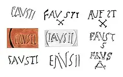 Umzeichnung von neun Signaturvarianten: FAVSTI in drei verschiedenen Handschriften, IAVSII, EΛVSII, FAVSTI X, AVFST X, FAVST S, FAVS Δ