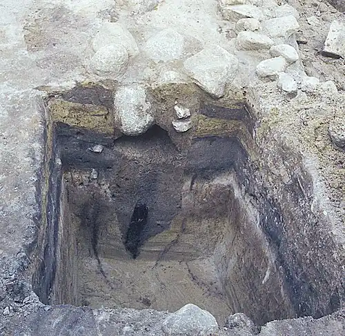 Ausgrabung 1983: steinumstellte Pfostengrube unter der Feldsteinmauer. Hinten, unten: Rest einer 15 cm dicken und 50 cm breiten Eichenbohle, der im Grundwasser erhalten blieb (seitlich angeschnitten).