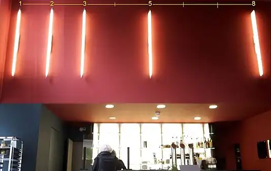 Leuchtröhren im Café eines Kunstmuseums, 2019, je eine Leuchte bei Fibonacci-Zahl auf gedachter linearer Skala
