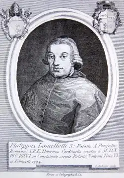 Diese Foto schwarzweiß stellt den italienischen Kardinal Filippo Lancellotti (1794) der römischen Kirche und Mitglied der Kurie als Porträt mit unter dem Bildnis geschriebenen biografischen Angaben dar und ist eine originalgetreue fotografische Reproduktion eines zweidimensionalen Kunstwerks.