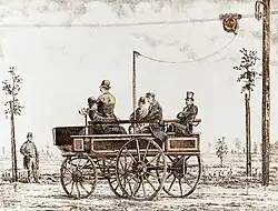 1882: Kontakt­wagen beim Elektro­mote, dem ersten Ober­leitungs­bus der Welt