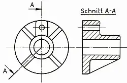 Flansch an Rohrstück, Verbindung gegen gegenseitiges Kippen mit 4 Rippen verstärkt. Im Schnittbild rechts ist die Schnittführung durch die Rippe links unten nicht schraffiert dargestellt (leeres Dreieck).