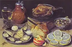 Georg Flegel Stillleben mit Braten, Fischmahlzeit, Wein u. a. 1638, Öl auf Kupfer, 29,5 × 46 cm, Sammlung Václav Butta