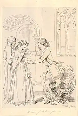 Die schwarz-weiße Lithografie zeigt einen jungen Mann, der aus einem halb umgefallenen Korb voller Rosenblüten steigt und seine Arme nach einer von zwei jungen Frauen ausstreckt, die zu ihm blicken.