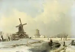 Andreas Schelfhout: Winterlandschaft mit zwei Windmühlen (1869), Privatsammlung