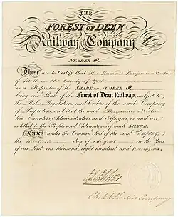 Gründeraktie der Forest of Dean Railway Company, ausgegeben am 30. August 1826. Das Waldgebiet, durch den die Strecke der Pferdeeisenbahn führte, gehörte dem König, wurde aber der Gesellschaft gegen die Zahlung einer jährlichen Pacht von 100 Pfund und einer Guinee pro Woche überlassen.