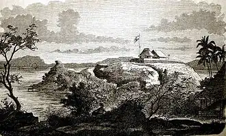 Das Fort auf der Insel Pontjang kitjil, Ausgangspunkt für die Reise in die Battaländer.[73] – Aus: Der Malayische Archipel von Hermann von Rosenberg.[74]