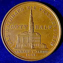 Das alte Rathaus von 1661 auf der Medaille von Gottfried Loos, Berlin. Geprägt aus dem Dachkupfer des 1858 vom Feuer zerstörten Gebäudes