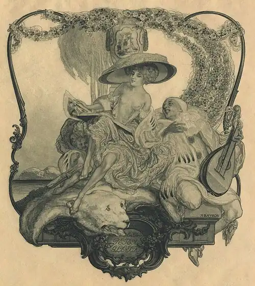 Exlibris für Peter Gloeck von Franz von Bayros: Dame und Pierrot, Hermelinpelz und Eisbärfell