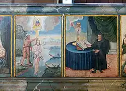 Detail der Nordempore: Taufe Jesu; Martin Luther mit dem Schwan dem Attribut Luthers