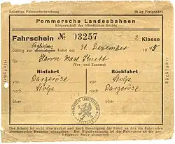 Reproduktion eines originalen Freifahrscheins der Pommerschen Landesbahnen von 1944/45