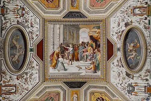 Decke mit dem Urteil des Salomon und Groteskendekor