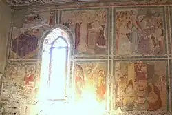 oben v. l. n. r.: Mariä Geburt, Mariä Tempelgang, Mariä Verlobung unten v. l. n. r.: Der heilige Johannes (Evangelist) und der heilige Florian, Jesu Taufe im Jordan, der zwölfjährige Jesus im Tempel