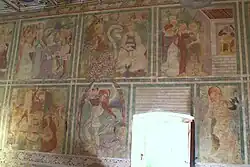 oben v. l. n. r.: Mariä Verlobung, Mariä Verkündigung, Mariä Heimsuchung unten v. l. n. r.: Der zwölfjährige Jesus im Tempel, der heilige Michael, der heilige Sebastian