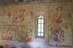 oben v. l. n. r.: Anbetung der Könige (Forts.), das letzte Abendmahl unten v. l. n. r.: Einzug in Jerusalem, Gebet auf dem Ölberg, Gefangennahme Jesu