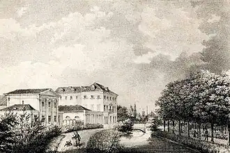 Friedrichsbad Düsseldorf an der Düssel, rechts die Seufzerallee (Sammlung Museum Kurhaus Kleve)