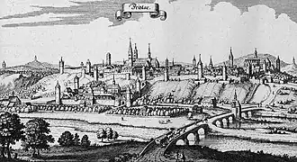 Fritzlar – aus der Topographia Hassiae von Matthäus Merian dem Jüngeren 1655; links hinten der Eckerich mit der Eckerichswarte