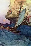 Howard Pyle (1853–1911): Angriff auf eine Galeone: Illustration von Piraten, die sich einem Schiff nähern, in: Howard Pyle's book of pirates : fiction, fact & fancy concerning the buccaneers & marooners of the Spanish Main[4]