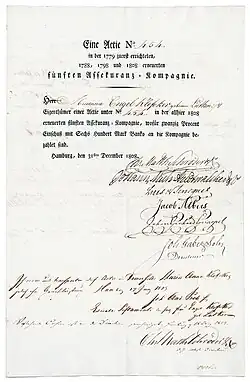 Aktie der Fünften Assekuranz-Kompagnie über 3.000 Mark Banko, ausgestellt in Hamburg am 31. Dezember 1808, im Original unterschrieben u. a. von dem Hamburger Bürgermeister Christian Matthias Schröder. In der Satzung der 1779 von dem Kaufmann Ulrich Moller gegründeten Kompagnie wurde der Unternehmenszweck wie folgt beschrieben: „Die Gesellschaft übernimmt Assecuranzen auf Gefahren zur See, auf Flüssen und bei Versendungen zu Lande, auf Hafen-, Revier- und Feuer – Gefahr“. Das Ende der Kompagnie ist eng mit dem großen Hamburger Brand vom 5. Mai 1842 verbunden.