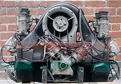 Fuhrmann-Motor in der Heckansicht. Deutlich zu sehen sind die beiden Zündverteiler der Doppelzündung.