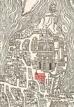 Die Kathedrale auf einer Karte von Paris aus dem Jahr 1553