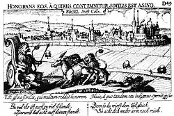 Kupferstich einer Stadt mit einer Stadtmauer. Im Vordergrund sind Felder und auf einer Anhöhe überfallen zwei Löwen einen Esel. Links von ihnen sitzt auf einem Thron ein Löwe, der ein Zepter hält. Über und unter dem Bild sind lateinische Texte und deren deutsche Übersetzung.