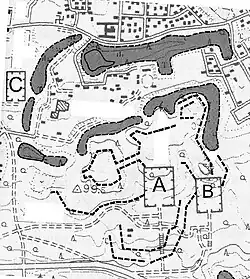 Lage der kaiserlichen Gräber: A - Meiji, B - Shōken, C - Kammu