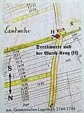 Lageplan von Dreckwarte und „Warth-Krug“ an der ehemaligen Landstraße (Umzeichnung einer Lagerbuch-Karte der 1740er Jahre auf der örtlichen Informationstafel von 2013)