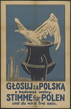 Polnisches Propagandaplakat, der weiße polnische Adler breitet die Schwingen zum Abflug aus: „Stimme für Polen und Du wirst frei sein.“