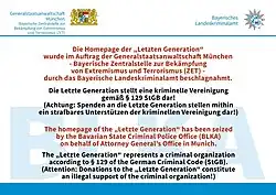 Mitteilung auf der gesperrten Webseite letztegeneration.de