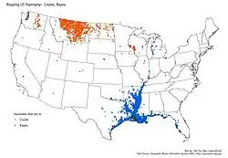 Geografische Objekte mit Namensbestandteilen „Coulee“ (orange) oder „Bayou“ (blau)