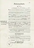 Geburtsurkunde (Auszug) Frieda Geest geb. 21. Oktober 1893, Standesamt Neukirchen in Holstein, 4. August 1938